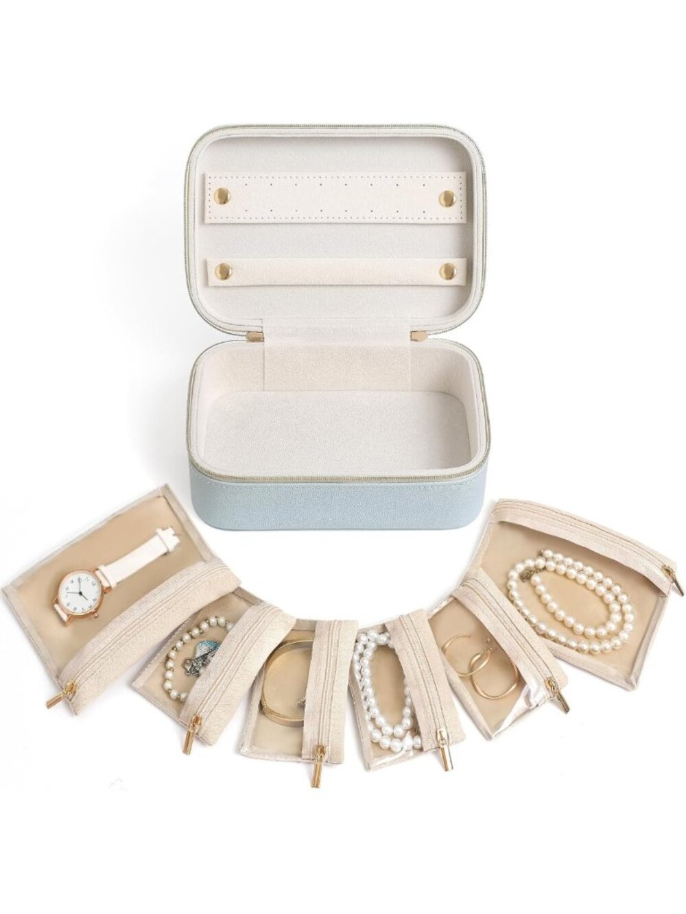Stylish Genuine Leather Travel Jewelry Organizer Case with 6 Zipper Bags - Mini